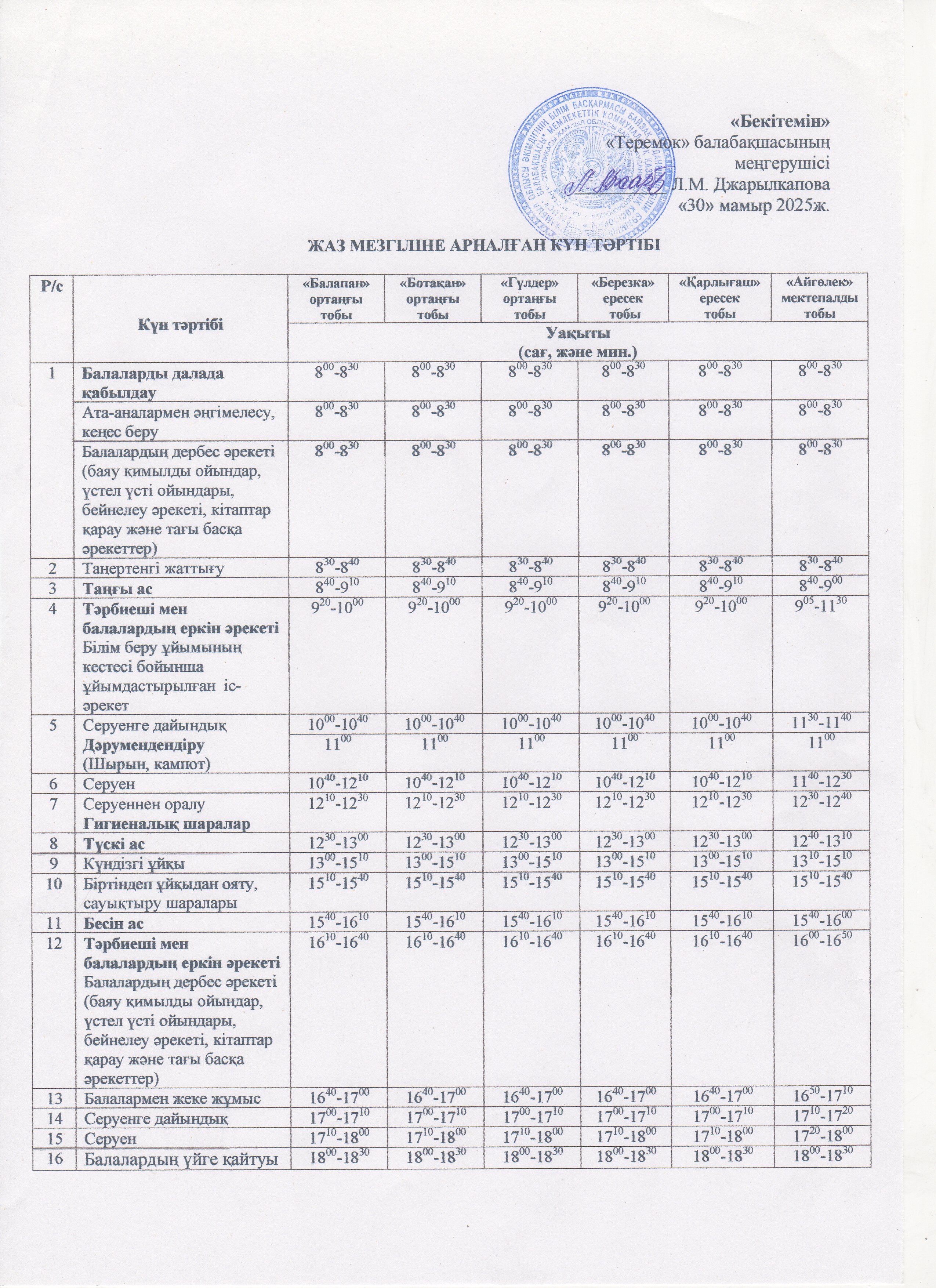 Жаз мезгіліне арналған күн тәртібі