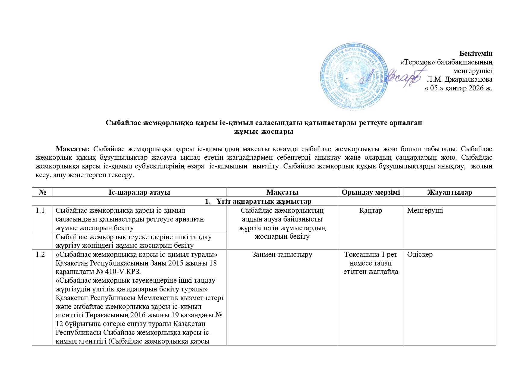Сыбайлас жемқорлыққа қарсы іс-қимыл саласындағы қатынастарды реттеуге арналған жұмыс жоспары